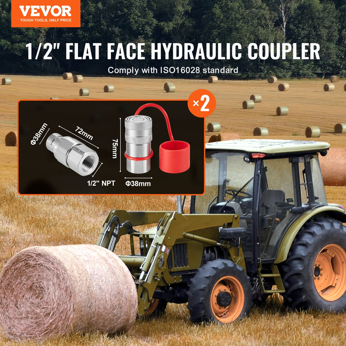 Hydraulic Couplers 1/2" Flat Face | 1/2" NPT Skid Steer Quick Connect | Includes 4 Dust Caps