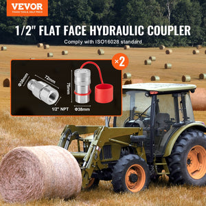 Hydraulic Couplers 1/2" Flat Face | 1/2" NPT Skid Steer Quick Connect | Includes 4 Dust Caps