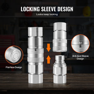 Hydraulic Couplers 1/2" Flat Face | 1/2" NPT Skid Steer Quick Connect | Includes 4 Dust Caps