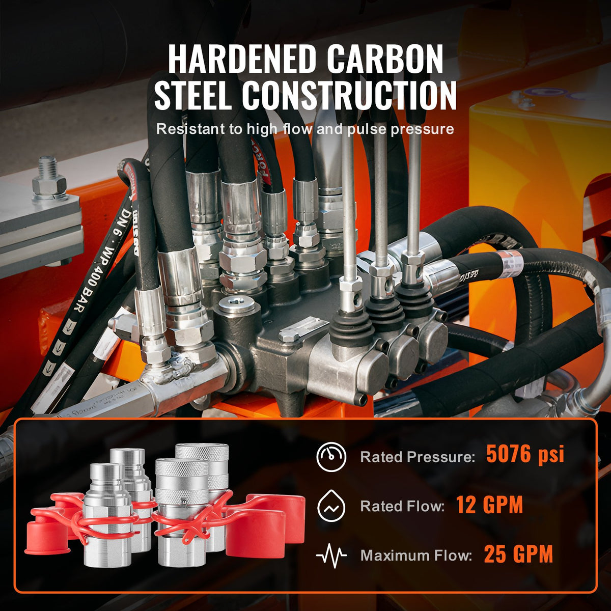 Hydraulic Couplers 1/2" Flat Face | 1/2" NPT Skid Steer Quick Connect | Includes 4 Dust Caps