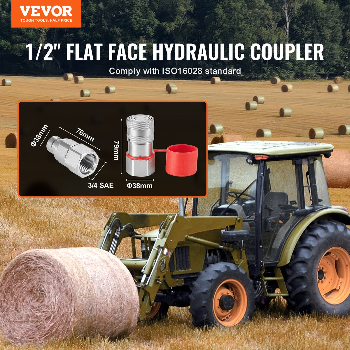 Hydraulic Couplers 1/2" Flat Face | 1/2" NPT Skid Steer Quick Connect | Includes 2 Dust Caps