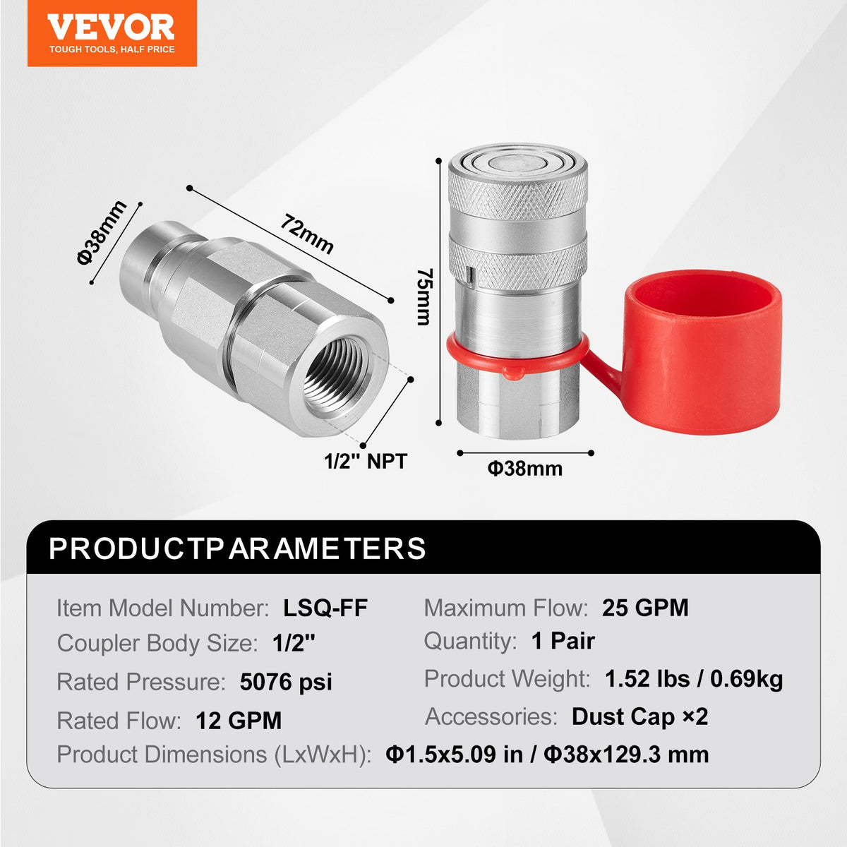 Hydraulic Couplers 1/2" Flat Face | 1/2" NPT Skid Steer Quick Connect | Includes 2 Dust Caps