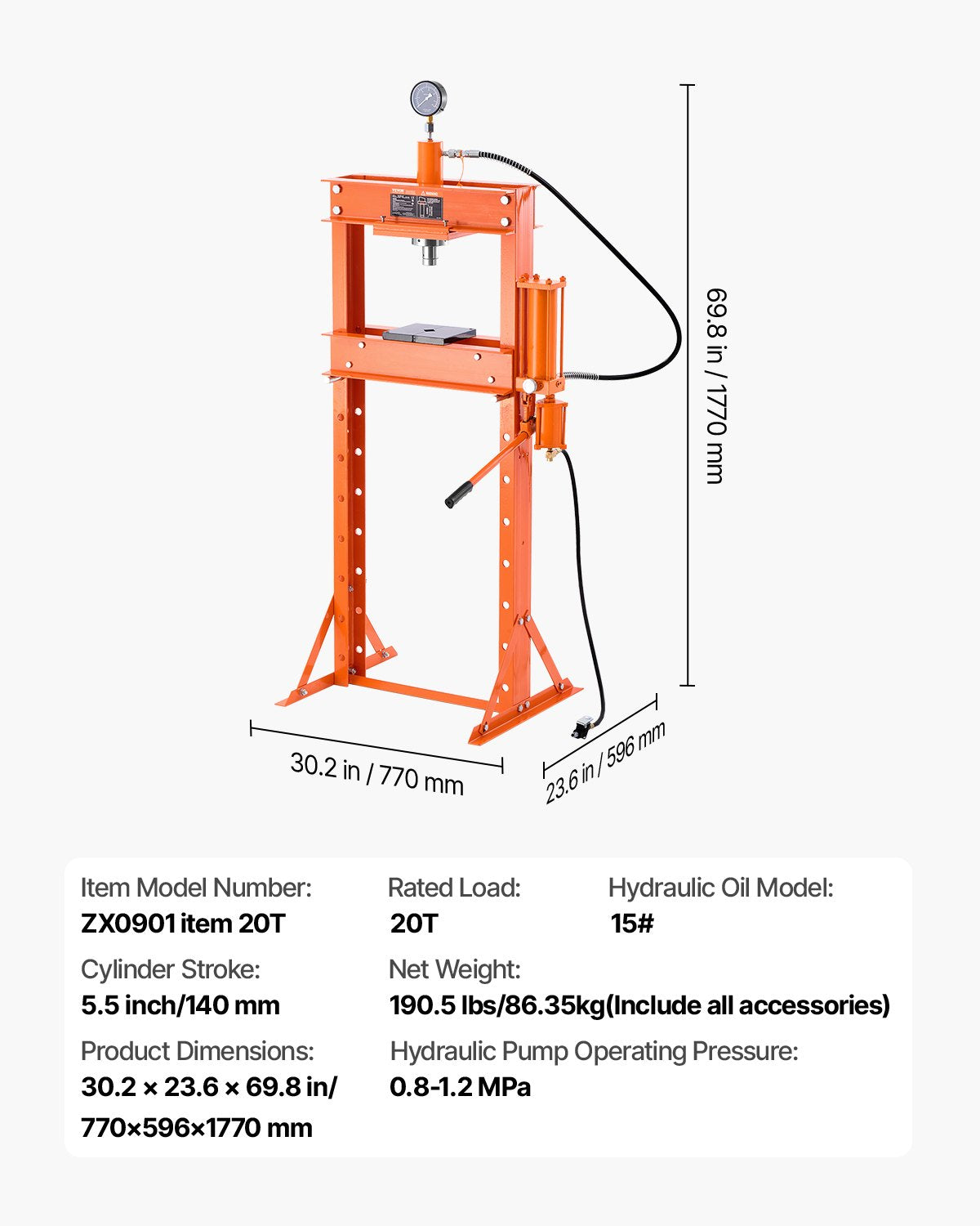 Hydraulic Shop Press 20T | With Press Plate for Bending & Assembly
