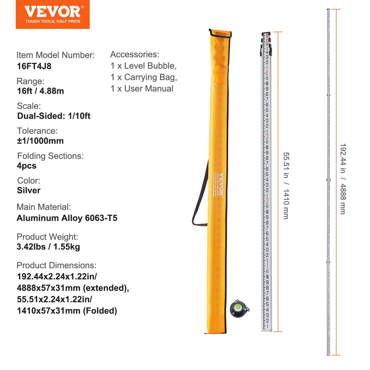 Measuring Rod | 16ft/8ths Telescopic Grade Rod with Carry Bag
