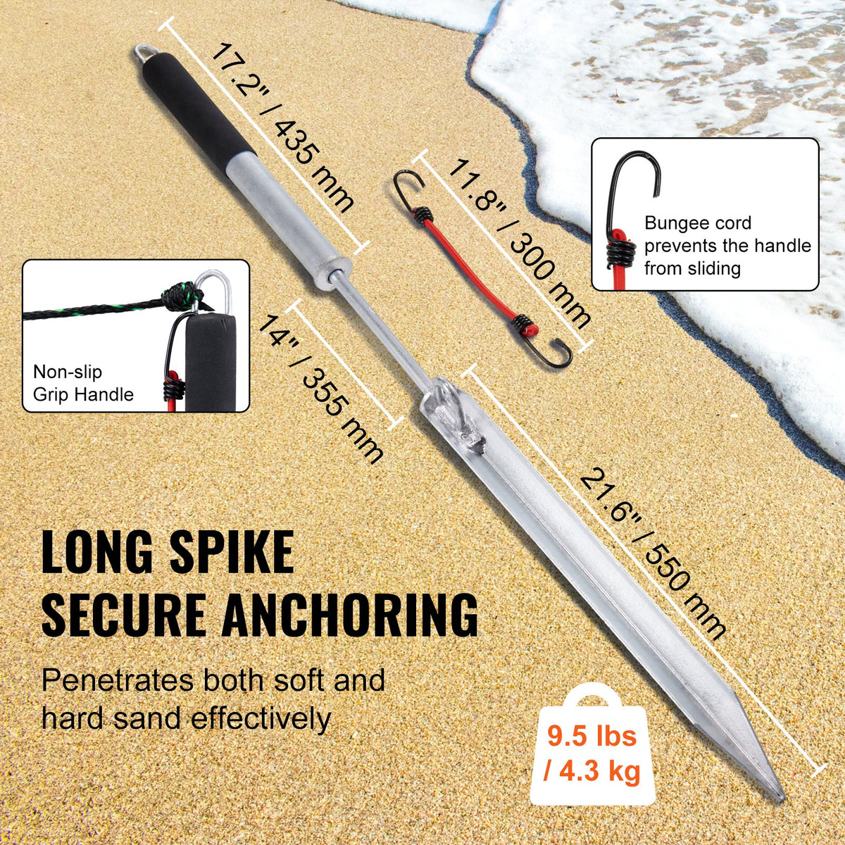 Sand Spike Boat Anchor 36 Inch | Galvanised Carbon Steel Shore Spike with Self-Hammering Design | Includes Storage Bag & Bungee Cord | For Small Boats, Jetskis, Kayaks & Pontoons