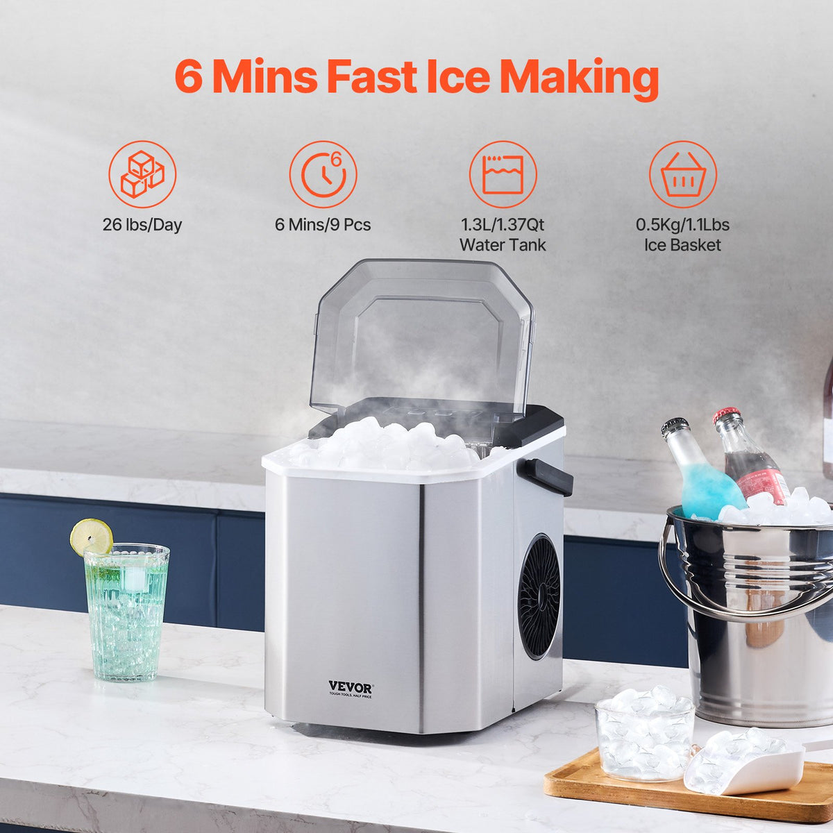 Countertop Ice Maker | 26lbs/24H Portable Self-Cleaning Machine with Scoop & Basket