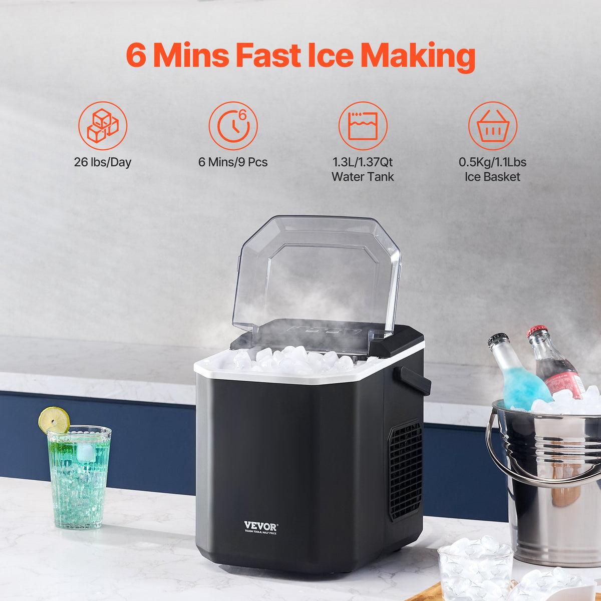 Portable Countertop Ice Maker 26lbs/24H | Self-Cleaning with Scoop & Basket | Compact Ice Machine for Home & Office
