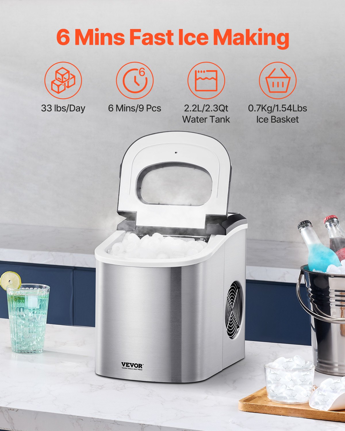 Countertop Ice Maker | 33lbs/24H Portable Self-Cleaning Machine with Scoop & Basket