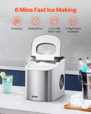 Countertop Ice Maker | 33lbs/24H Portable Self-Cleaning Machine with Scoop & Basket