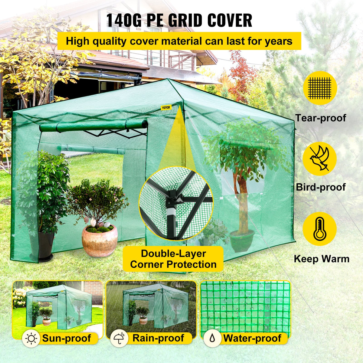 Pop-Up Greenhouse | 12'x8'x8' Portable with Doors & Windows | PE Cover & Powder-Coated Steel Frame
