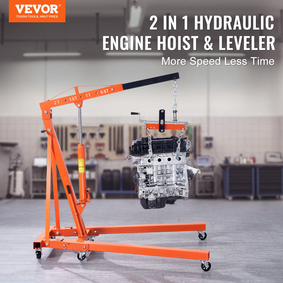Hydraulic Engine Hoist | 2000kg Heavy Duty Foldable Shop Crane with Lever | Cherry Picker Engine Lifter