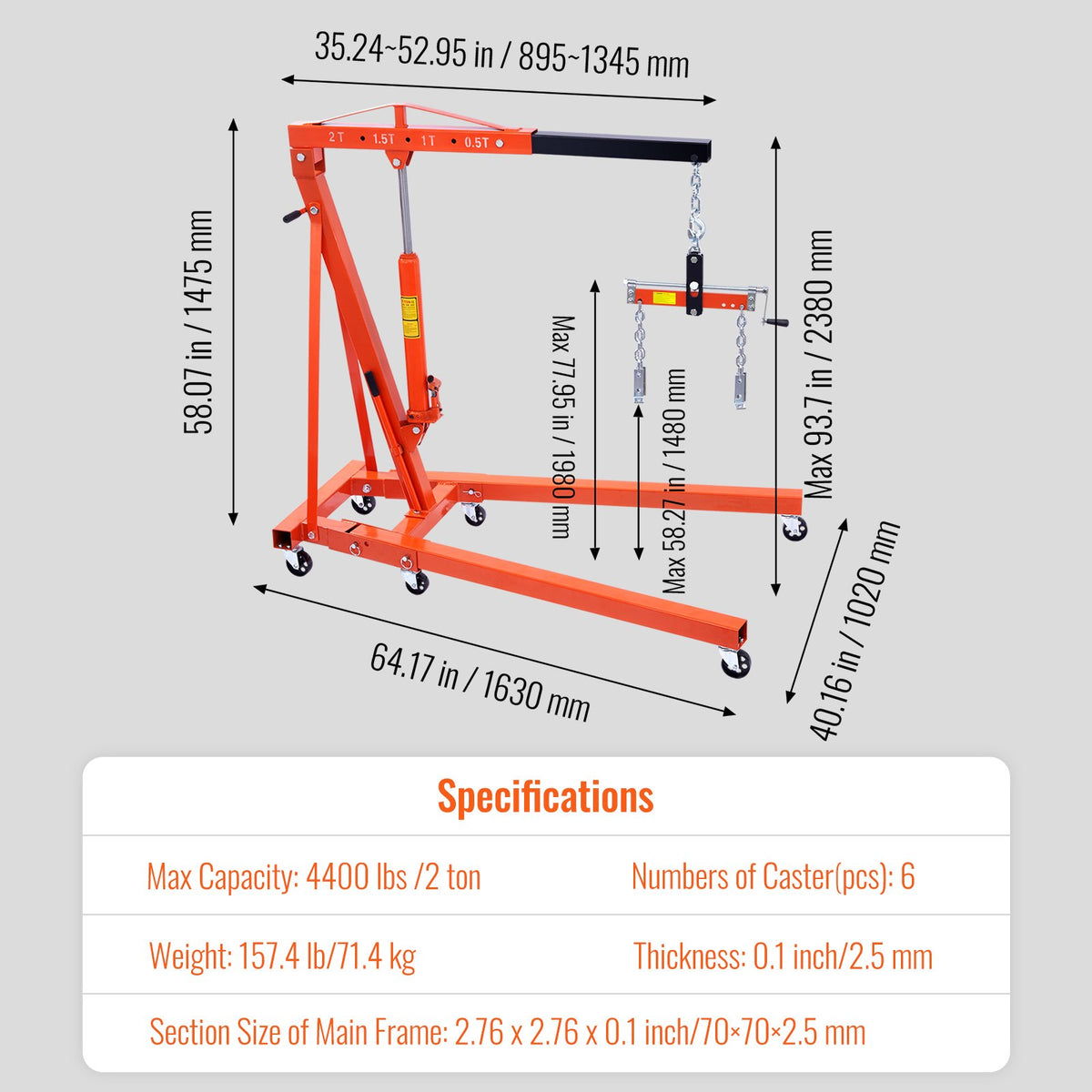 Hydraulic Engine Hoist | 2000kg Heavy Duty Foldable Shop Crane with Lever | Cherry Picker Engine Lifter