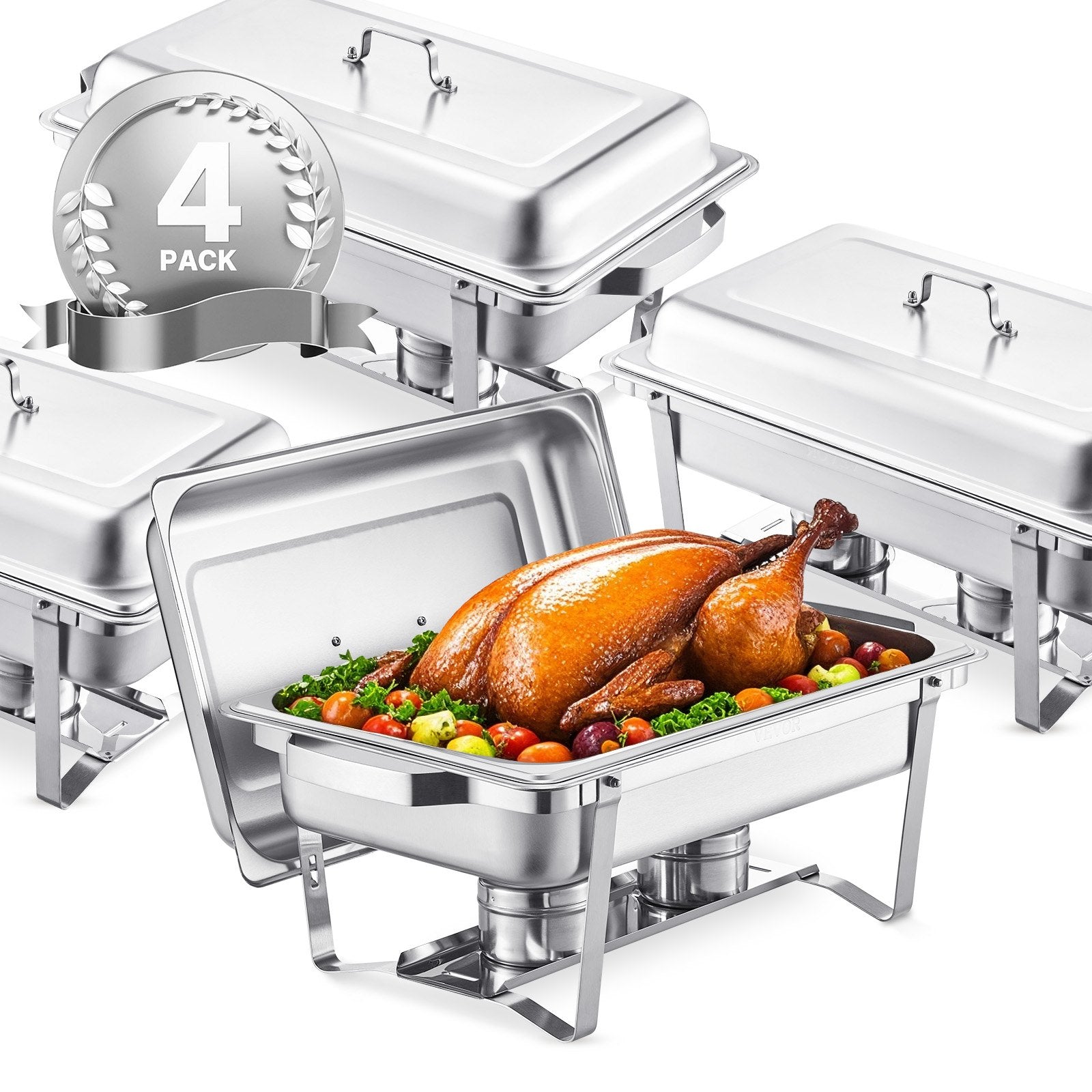 Chafing Dish Buffet Set | 8Qt 4-Pack Full-Size Stainless Steel