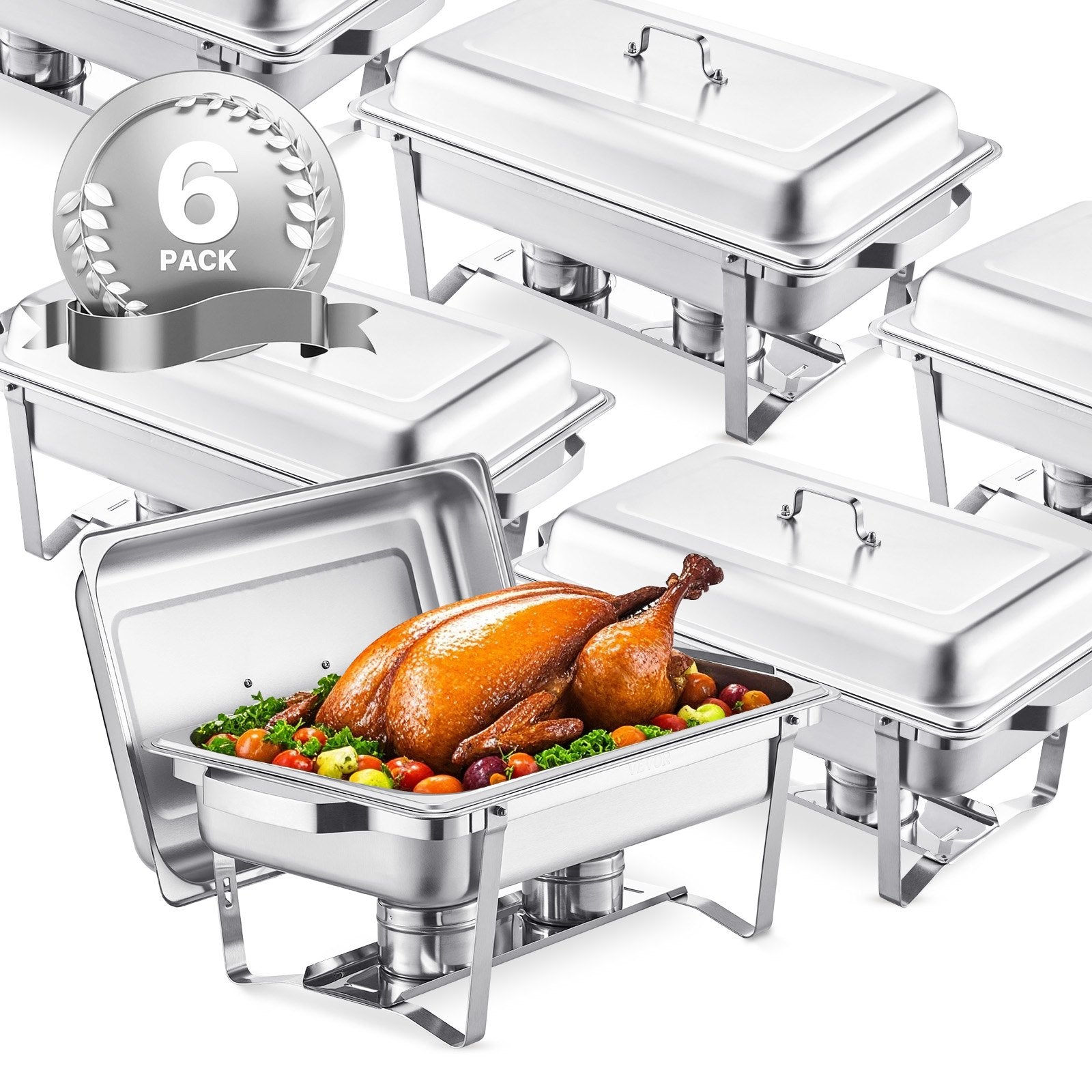 Chafing Dish Buffet Set | 8Qt 6-Pack Full-Size Stainless Steel