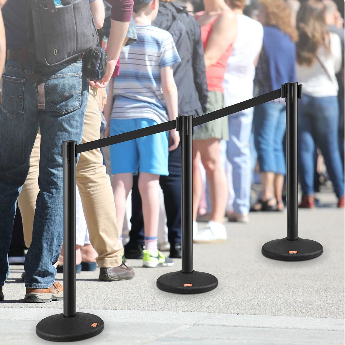 Crowd Control Stanchions 2 Pack | Black Retractable Belt Queue Barrier Posts | For Parties, Airports & Exhibitions