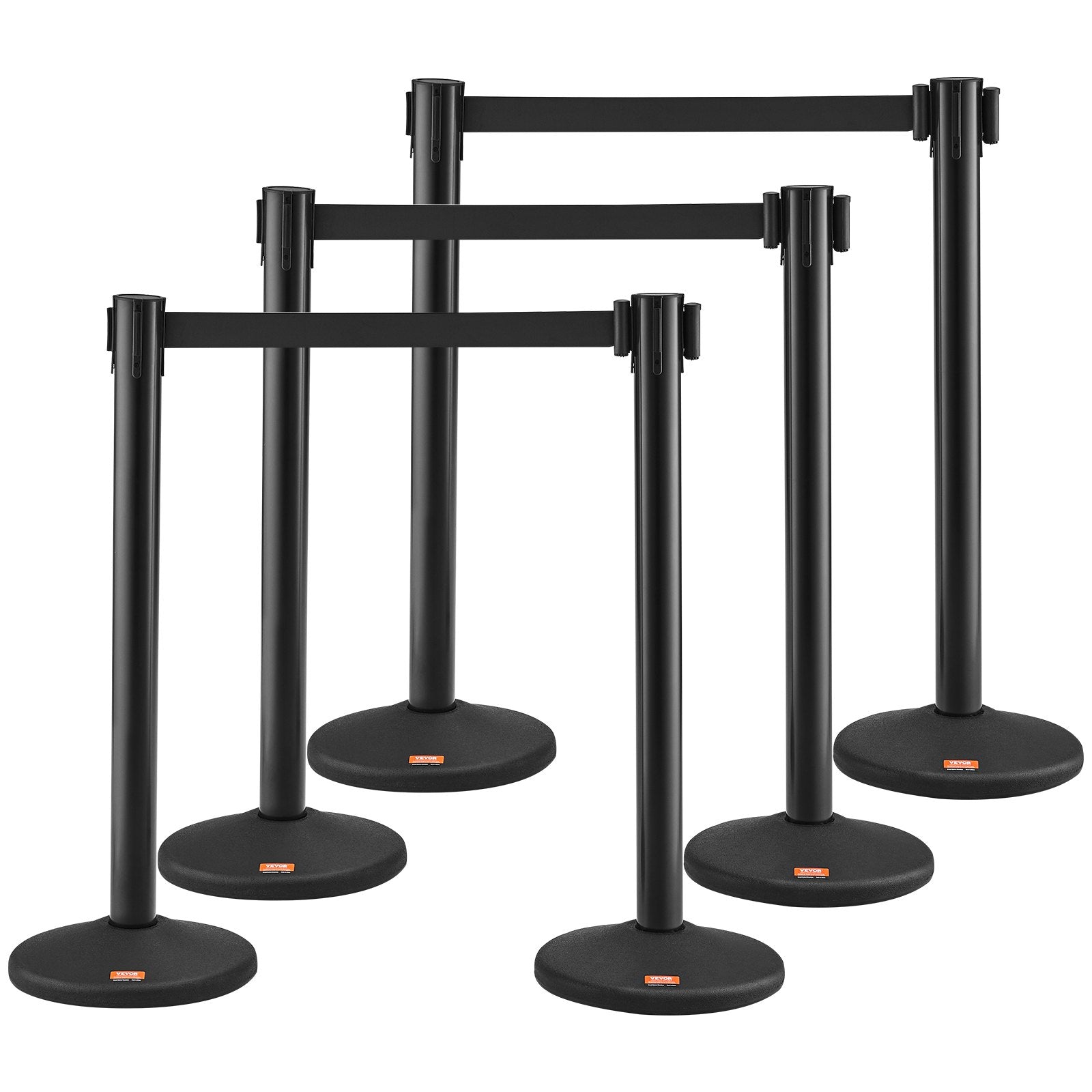 Crowd Control Stanchions 6 Pack | Plastic Queue Posts with 3 Black Retractable Belts | For Airports & Events