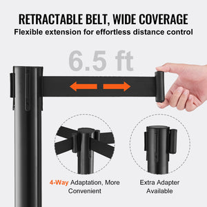 Crowd Control Stanchions 6 Pack | Plastic Queue Posts with 3 Black Retractable Belts | For Airports & Events