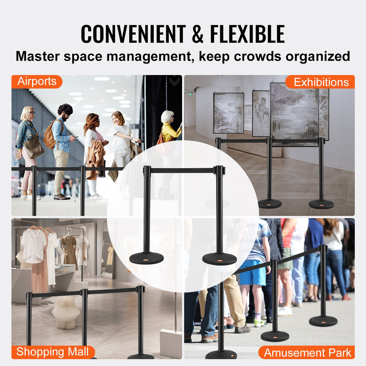 Crowd Control Stanchions 6 Pack | Plastic Queue Posts with 3 Black Retractable Belts | For Airports & Events
