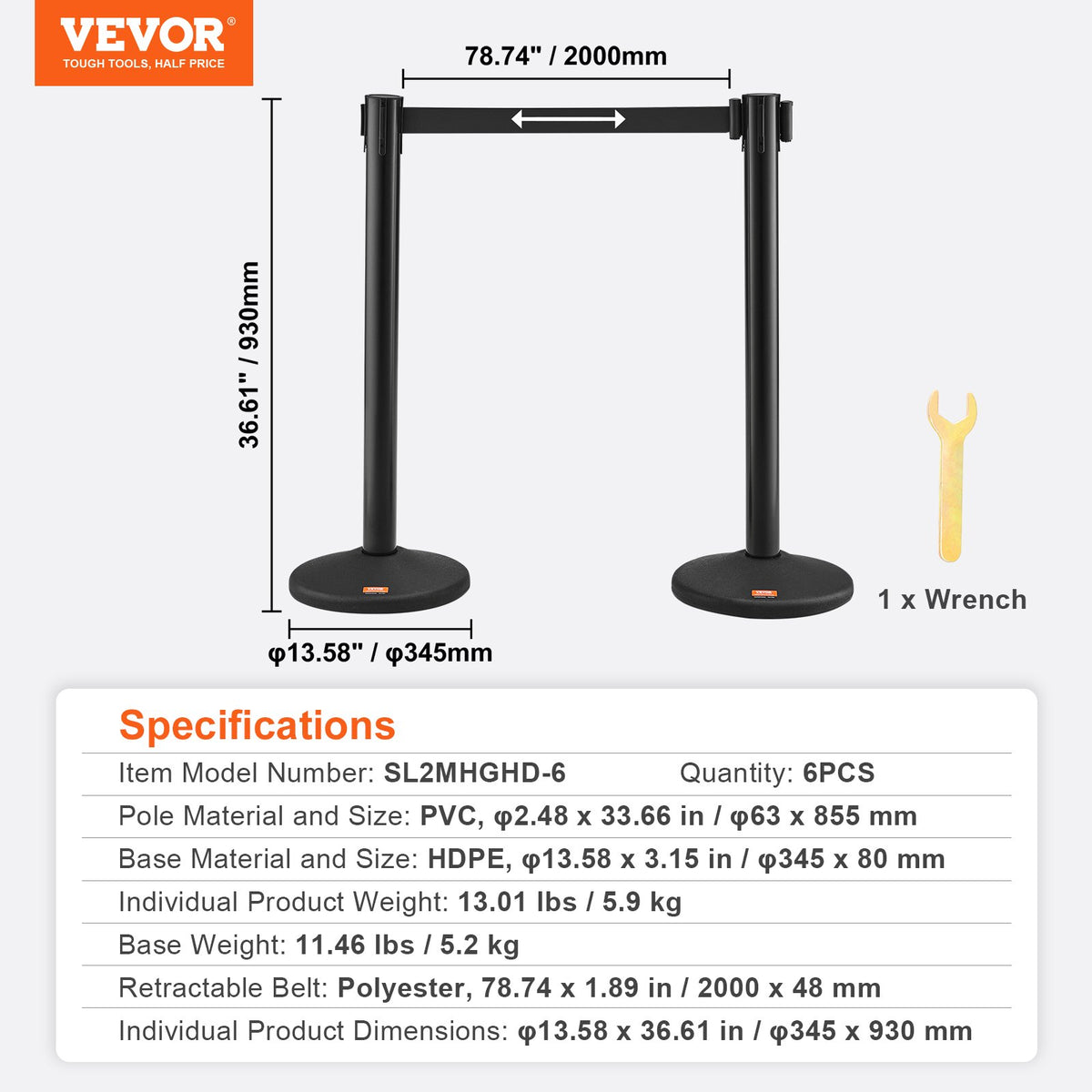 Crowd Control Stanchions 6 Pack | Plastic Queue Posts with 3 Black Retractable Belts | For Airports & Events