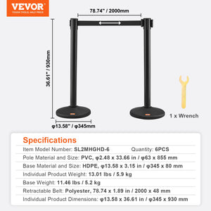 Crowd Control Stanchions 6 Pack | Plastic Queue Posts with 3 Black Retractable Belts | For Airports & Events