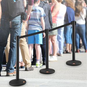 Crowd Control Stanchions 6 Pack | Plastic Queue Posts with 3 Black Retractable Belts | For Airports & Events