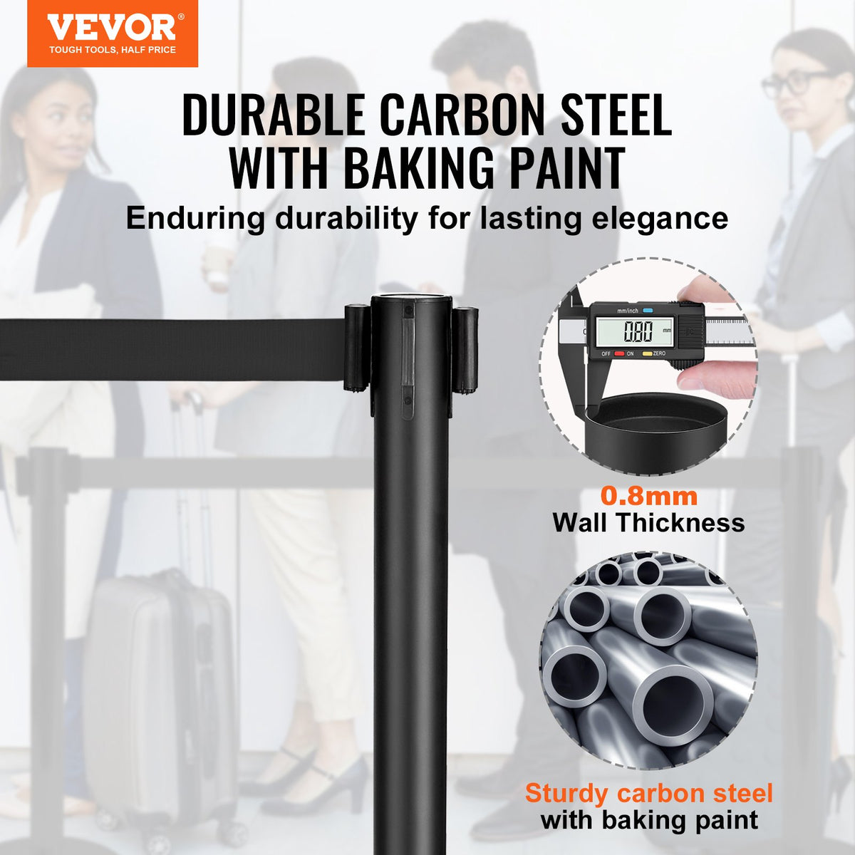 Crowd Control Stanchion Set | 2 Black Retractable Belt Posts | Carbon Steel Queue Barriers for Exhibitions, Events, Airports