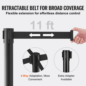 Crowd Control Stanchion Set | 2 Black Retractable Belt Posts | Carbon Steel Queue Barriers for Exhibitions, Events, Airports