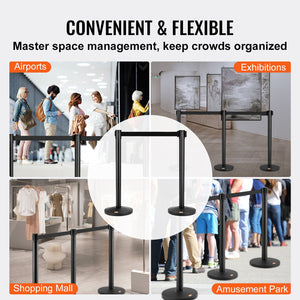 Crowd Control Stanchion Set | 2 Black Retractable Belt Posts | Carbon Steel Queue Barriers for Exhibitions, Events, Airports
