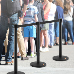 Crowd Control Stanchion Set | 2 Black Retractable Belt Posts | Carbon Steel Queue Barriers for Exhibitions, Events, Airports