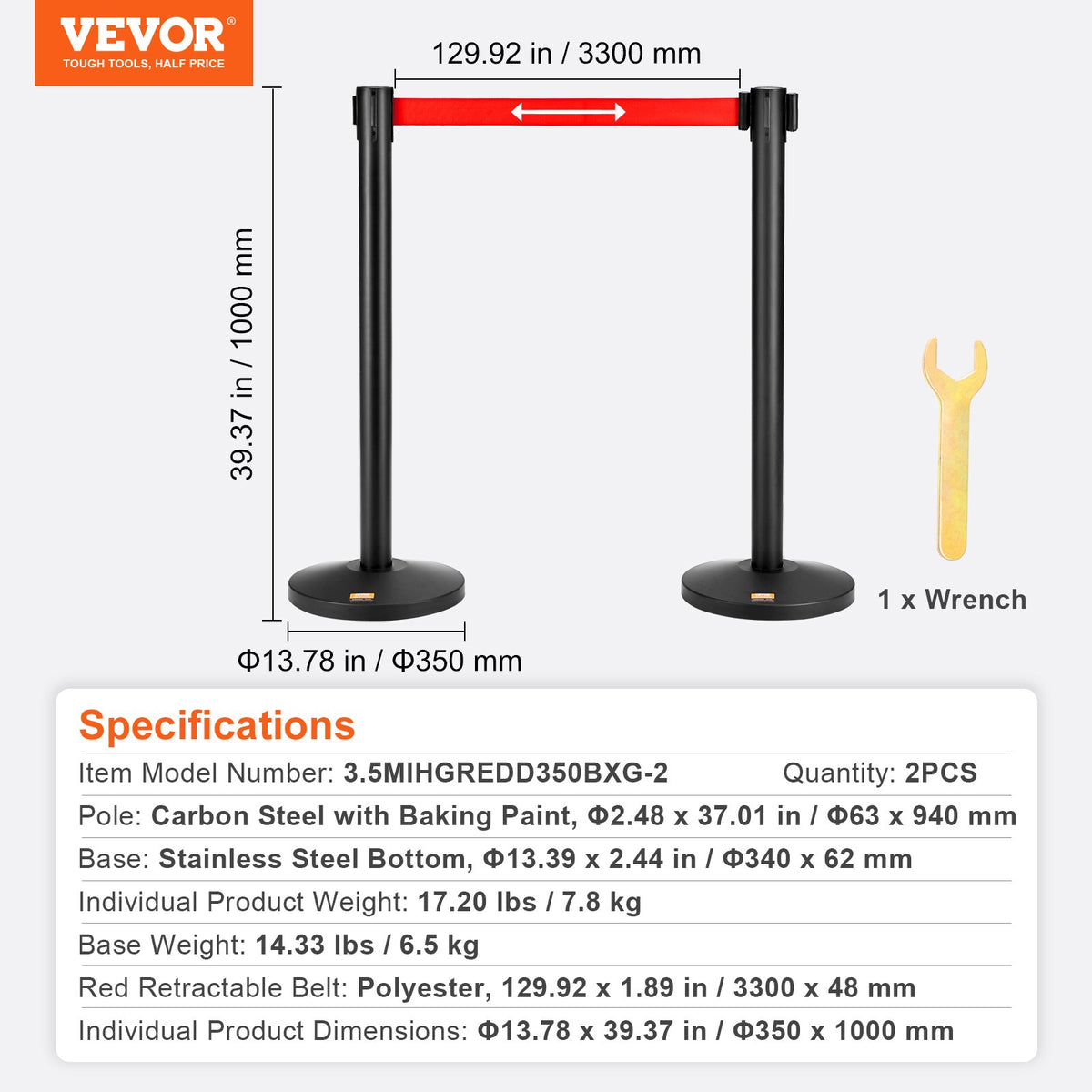 Crowd Control Stanchion Set | 2 Carbon Steel Posts with 11ft Red Retractable Belts
