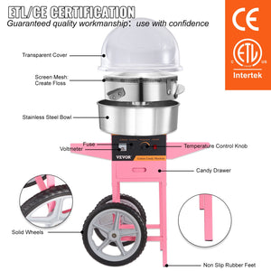 Cotton Candy Machine 1000W with Cart & Cover | Commercial Sugar Floss Maker for Parties