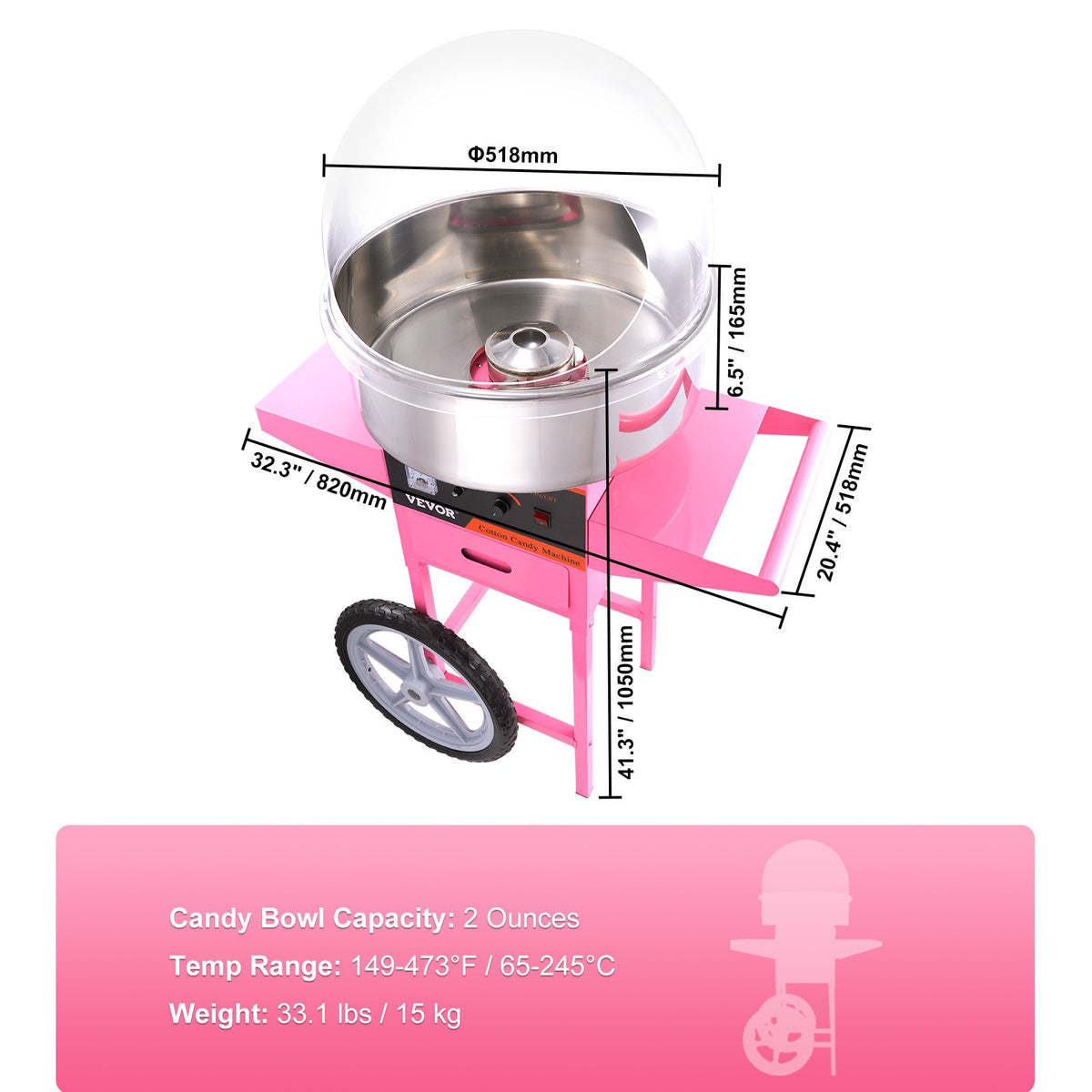 Cotton Candy Machine 1000W with Cart & Cover | Commercial Sugar Floss Maker for Parties