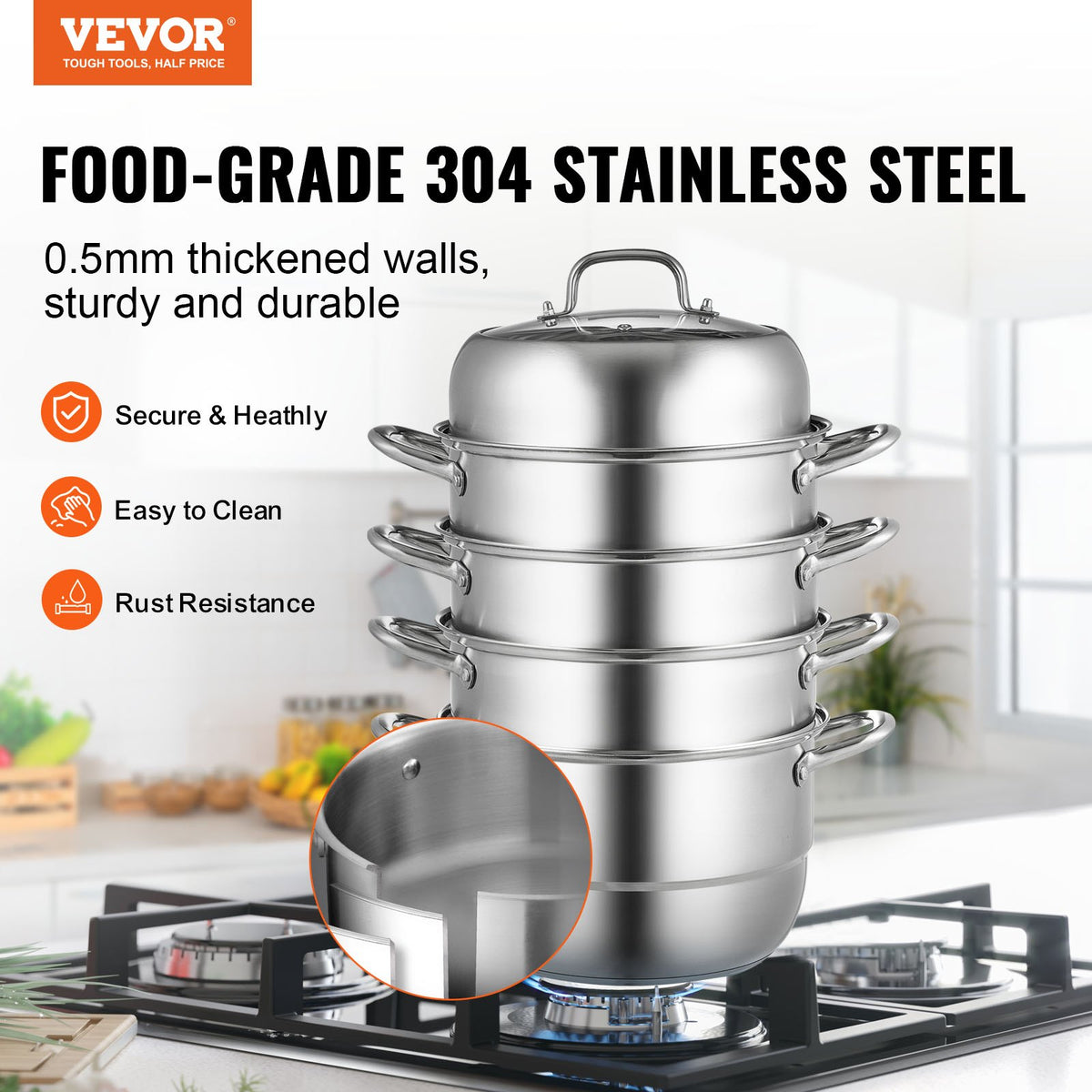 Stainless Steel Dumpling Steamer 30cm | 5 Tier Steamer Pot for Soup, Noodles & Seafood | Works with Gas & Electric Stoves