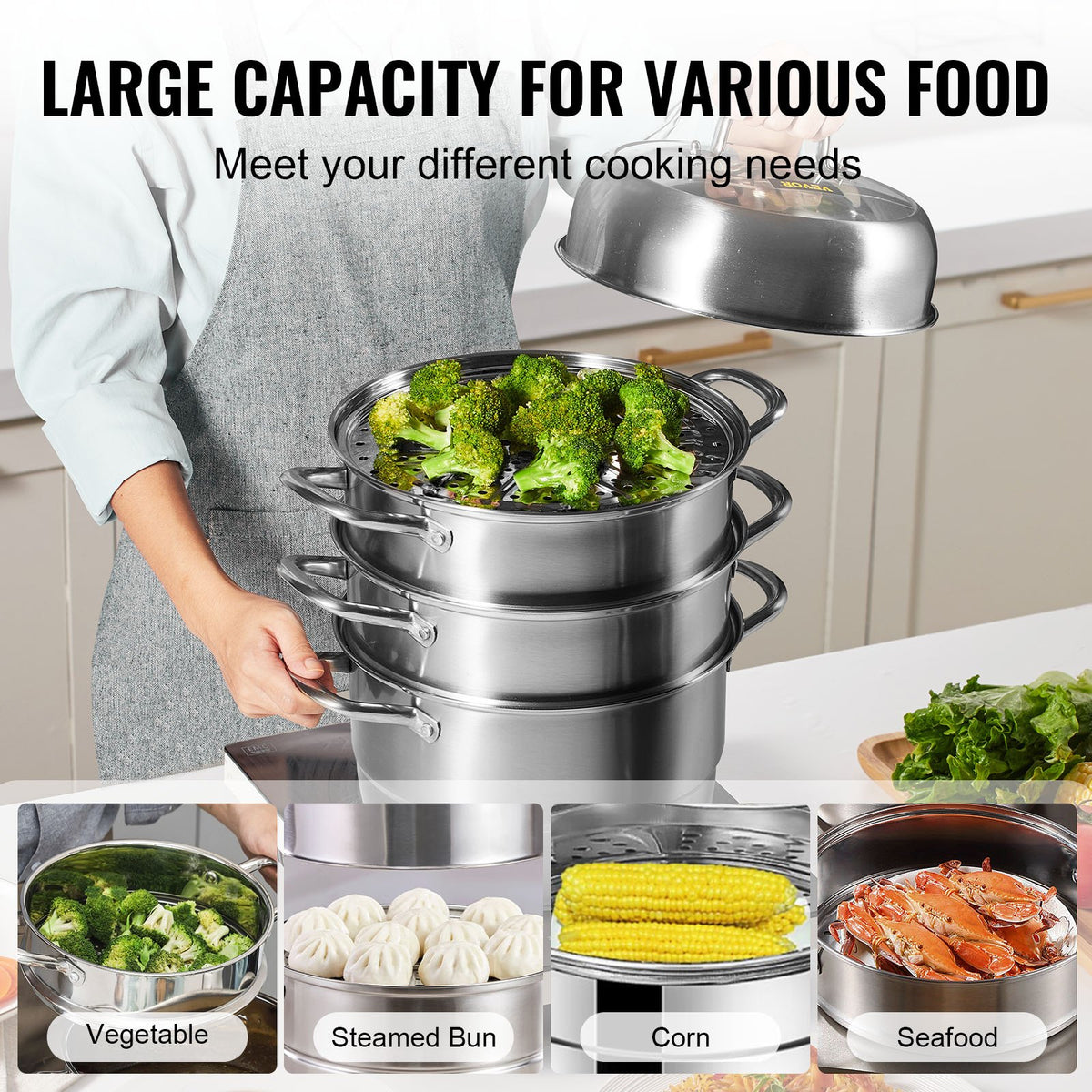 Stainless Steel Dumpling Steamer 30cm | 5 Tier Steamer Pot for Soup, Noodles & Seafood | Works with Gas & Electric Stoves