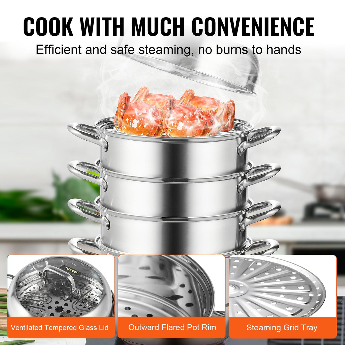 Stainless Steel Dumpling Steamer 30cm | 5 Tier Steamer Pot for Soup, Noodles & Seafood | Works with Gas & Electric Stoves