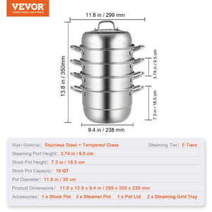 Stainless Steel Dumpling Steamer 30cm | 5 Tier Steamer Pot for Soup, Noodles & Seafood | Works with Gas & Electric Stoves