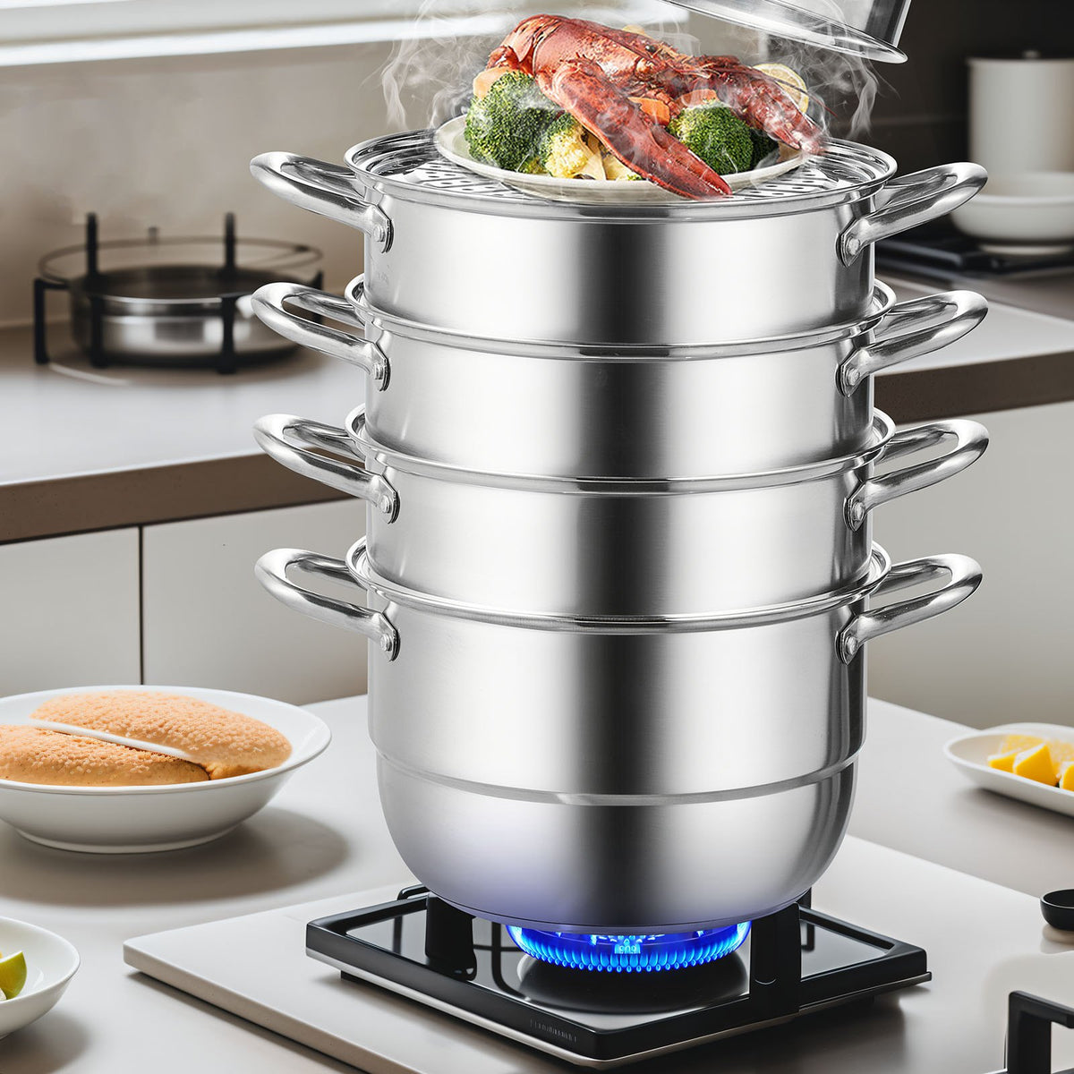 Stainless Steel Dumpling Steamer 30cm | 5 Tier Steamer Pot for Soup, Noodles & Seafood | Works with Gas & Electric Stoves