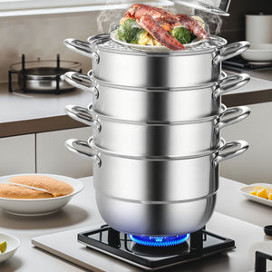 Stainless Steel Dumpling Steamer 30cm | 5 Tier Steamer Pot for Soup, Noodles & Seafood | Works with Gas & Electric Stoves