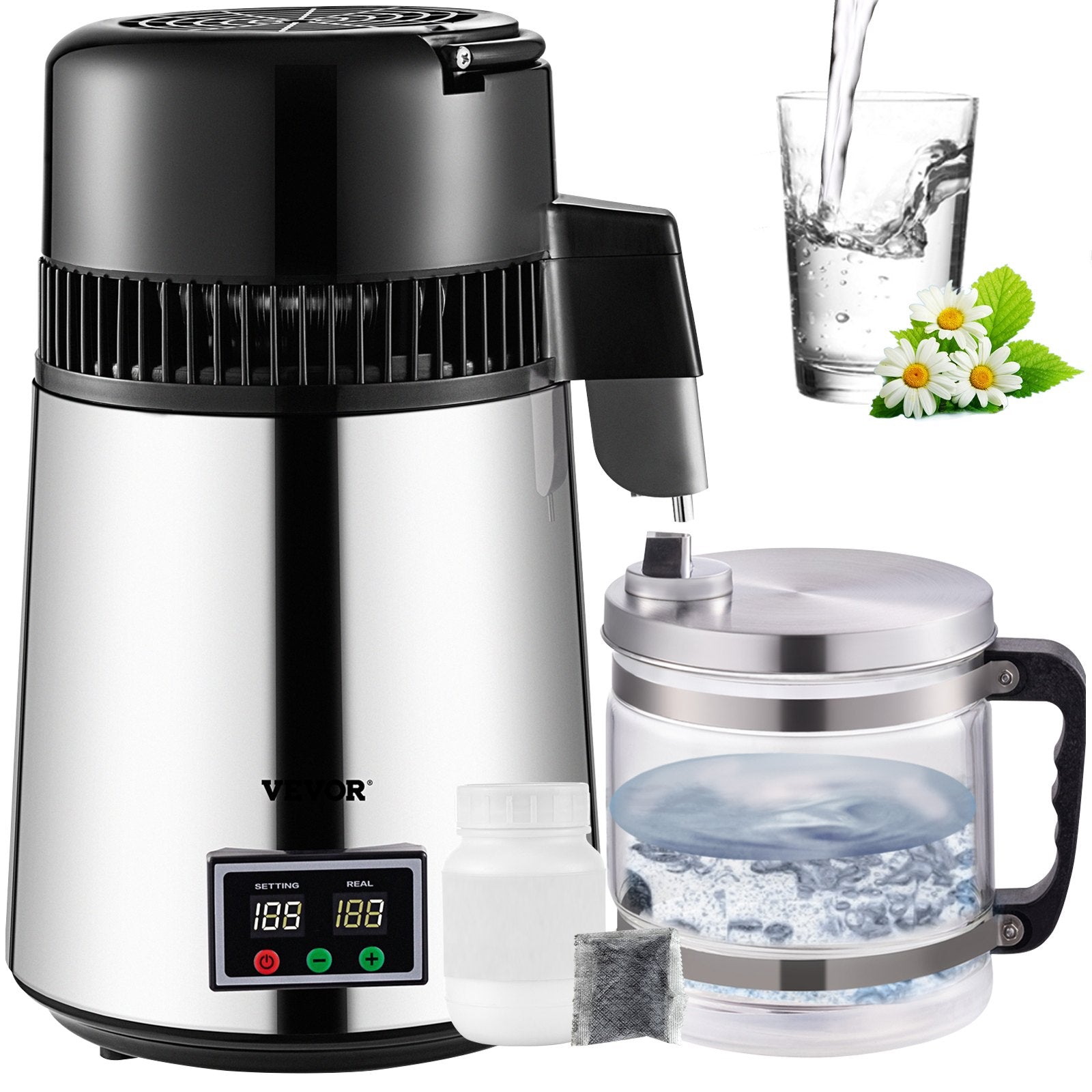 Water Distiller 1.1 Gal | 750W Countertop Distiller with Glass Carafe, Timer & Filters | Stainless Steel