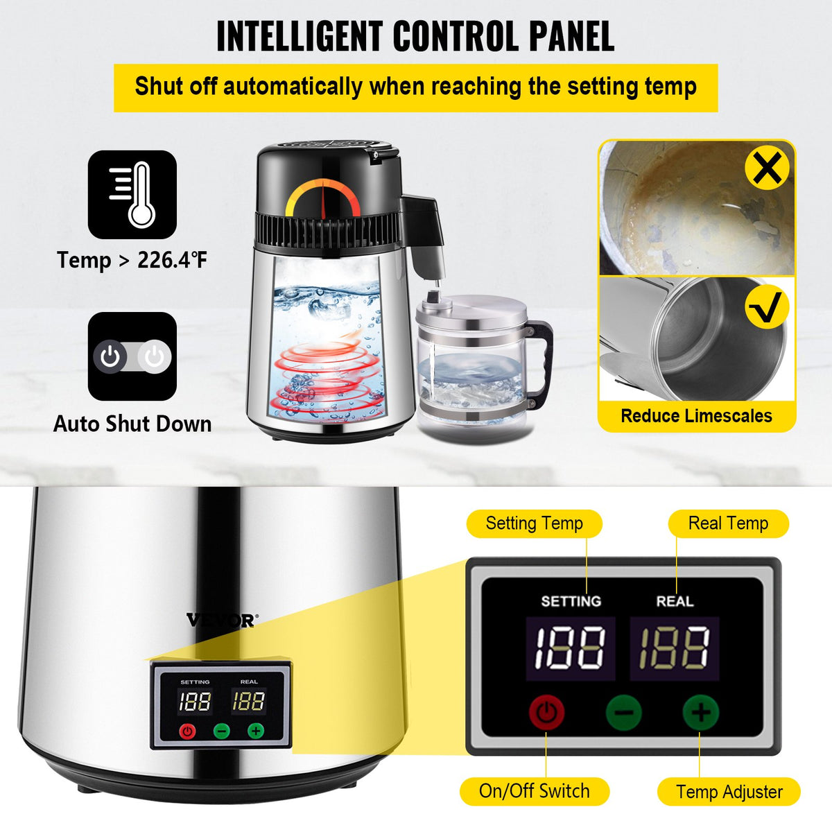 Water Distiller 1.1 Gal | 750W Countertop Distiller with Glass Carafe, Timer & Filters | Stainless Steel