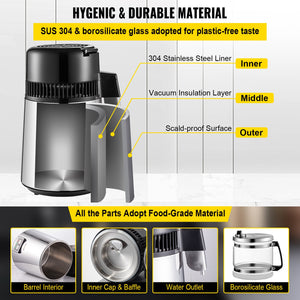 Water Distiller 1.1 Gal | 750W Countertop Distiller with Glass Carafe, Timer & Filters | Stainless Steel
