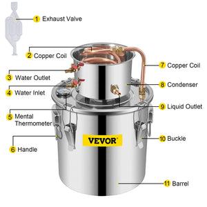 Moonshine Still | 3 Gal 12L Stainless Steel Distiller with Copper Tube | Home Brewing Kit Silver
