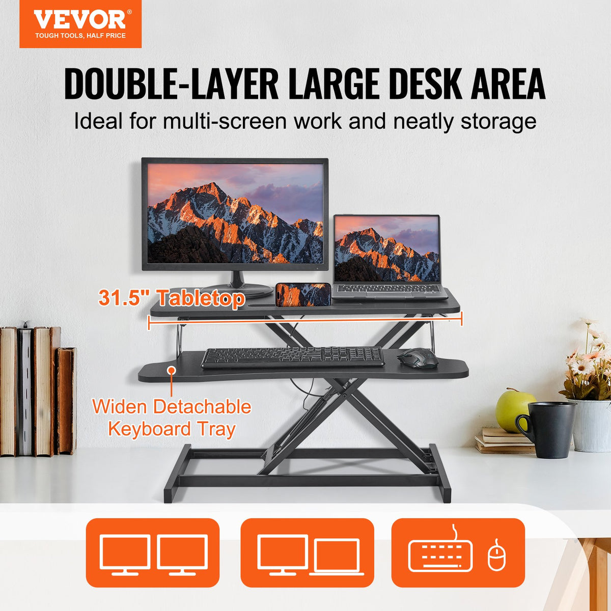 Standing Desk Converter | Two-Tier 800mm Sit-Stand Riser | Height Adjustable 140-510mm