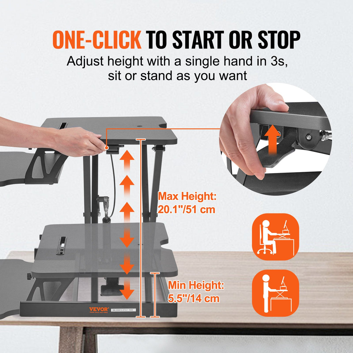 Standing Desk Converter | Two-Tier 800mm Sit-Stand Riser | Height Adjustable 140-510mm