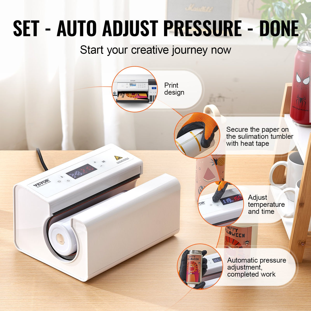 Auto Tumbler Heat Press | 325–887ml Sublimation Mug Press | White Automatic Cup Press