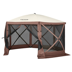 Pop-Up Gazebo Tent 11.5x11.5FT | 6-Sided Canopy with Mesh Windows & Privacy Walls | Quick Set Mosquito Shelter | Brown