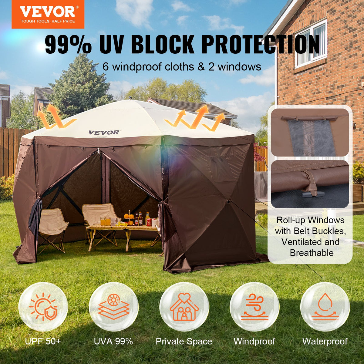 Pop-Up Gazebo Tent 11.5x11.5FT | 6-Sided Canopy with Mesh Windows & Privacy Walls | Quick Set Mosquito Shelter | Brown