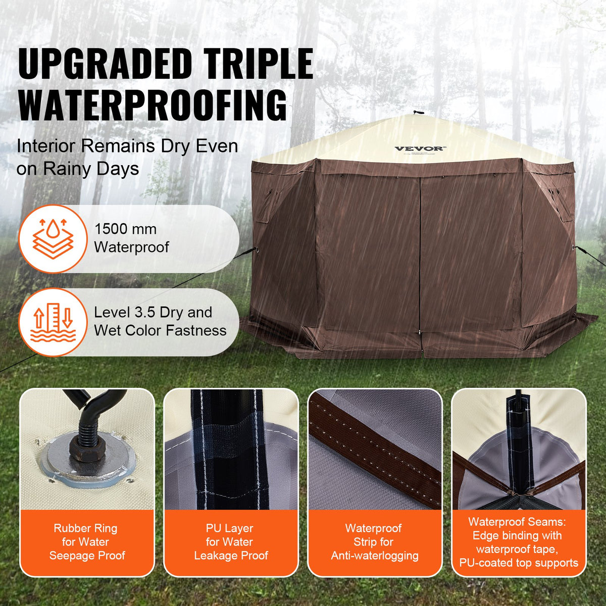 Pop-Up Gazebo Tent 11.5x11.5FT | 6-Sided Canopy with Mesh Windows & Privacy Walls | Quick Set Mosquito Shelter | Brown