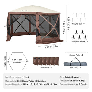 Pop-Up Gazebo Tent 11.5x11.5FT | 6-Sided Canopy with Mesh Windows & Privacy Walls | Quick Set Mosquito Shelter | Brown