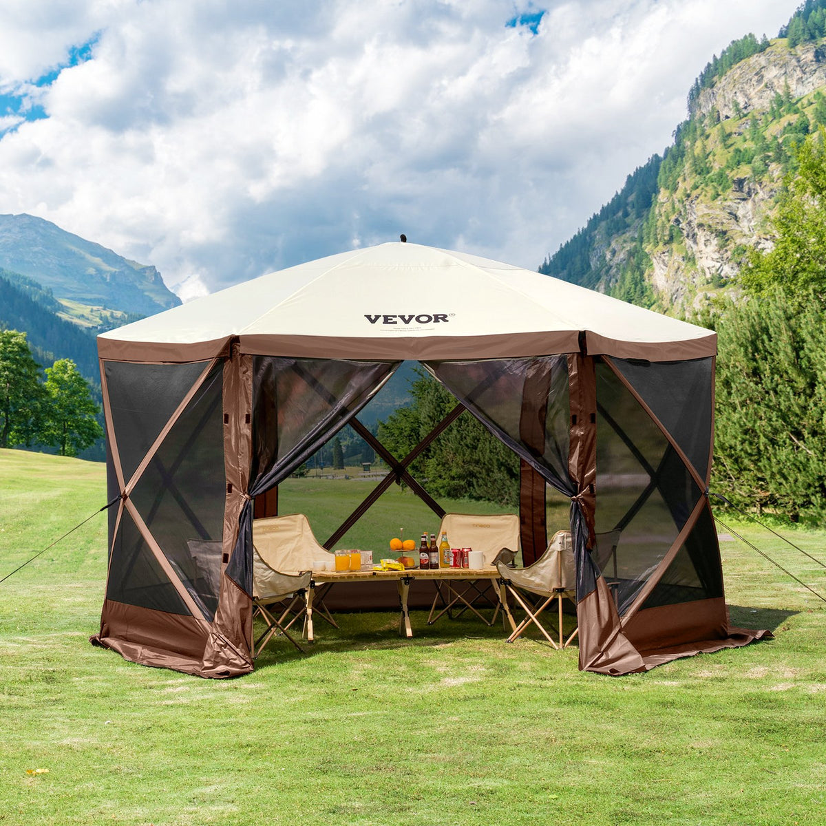 Pop-Up Gazebo Tent 11.5x11.5FT | 6-Sided Canopy with Mesh Windows & Privacy Walls | Quick Set Mosquito Shelter | Brown